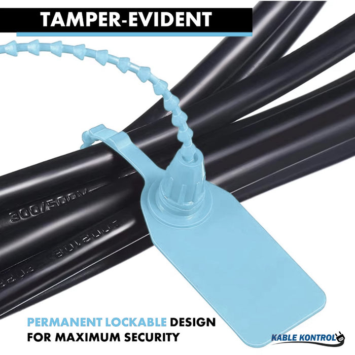 9 Inch - Pull Tight Serialized Tamper Evident Zip Tie Seals - 20 Lbs Strength - 50 Pcs - Blue
