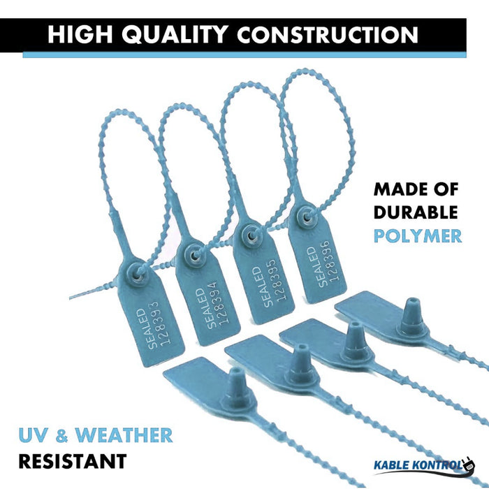 9 Inch - Pull Tight Serialized Tamper Evident Zip Tie Seals - 20 Lbs Strength - 50 Pcs - Blue