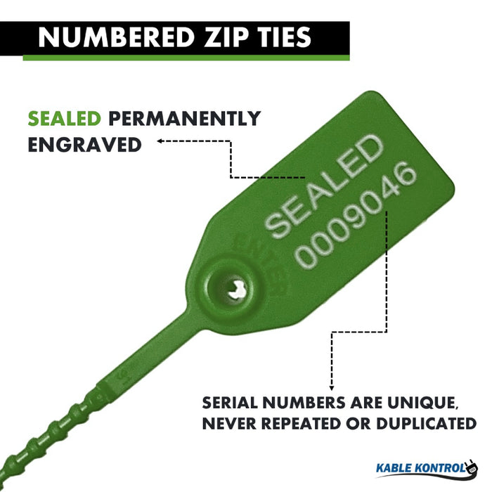 9 Inch - Pull Tight Serialized Tamper Evident Zip Tie Seals - 20 Lbs Strength - 50 Pcs - Green