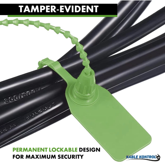 9 Inch - Pull Tight Serialized Tamper Evident Zip Tie Seals - 20 Lbs Strength - 50 Pcs - Green