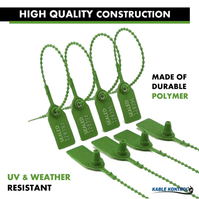 9 Inch - Pull Tight Serialized Tamper Evident Zip Tie Seals - 20 Lbs Strength - 50 Pcs - Green