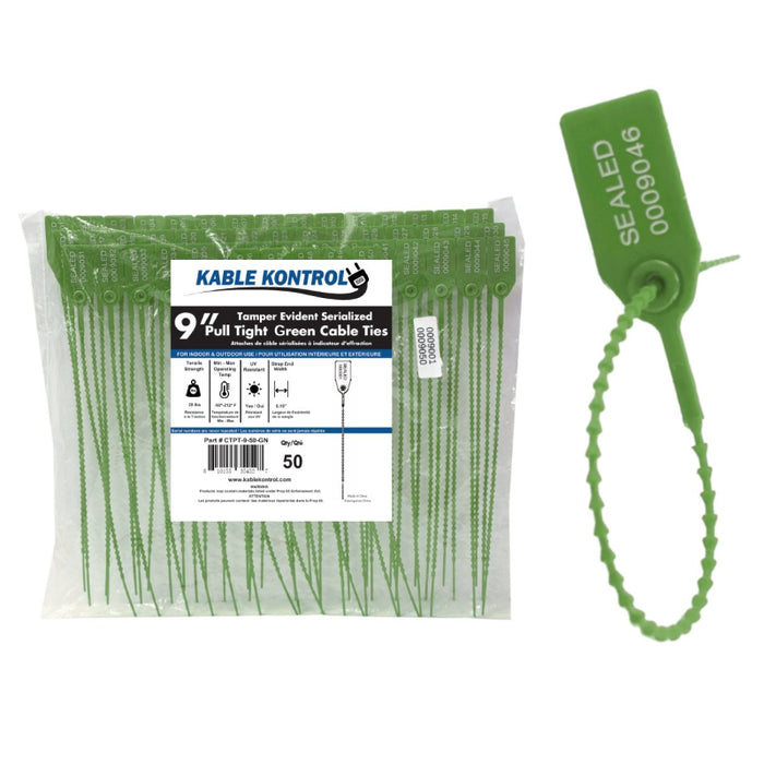 9 Inch - Pull Tight Serialized Tamper Evident Zip Tie Seals - 20 Lbs Strength - 50 Pcs - Green