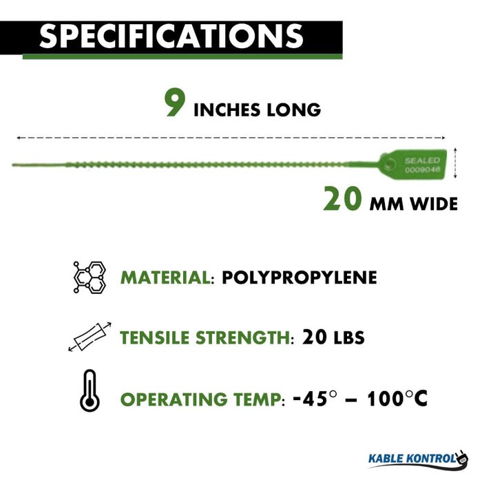 9 Inch - Pull Tight Serialized Tamper Evident Zip Tie Seals - 20 Lbs Strength - 50 Pcs - Green