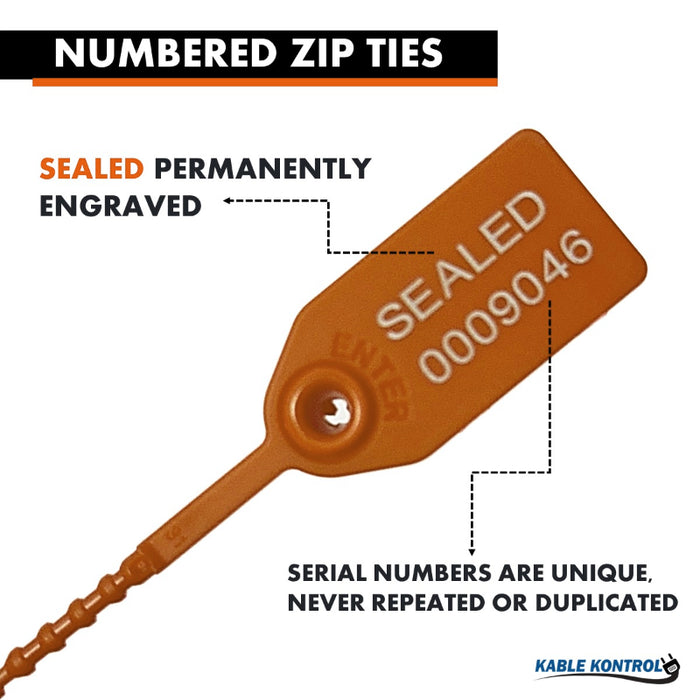 9 Inch - Pull Tight Serialized Tamper Evident Zip Tie Seals - 20 Lbs Strength - 50 Pcs - Orange