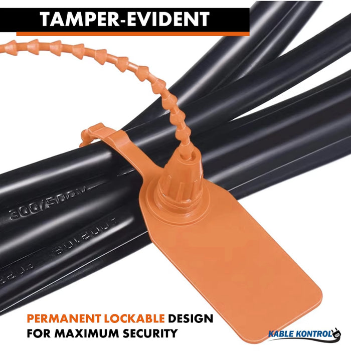9 Inch - Pull Tight Serialized Tamper Evident Zip Tie Seals - 20 Lbs Strength - 50 Pcs - Orange