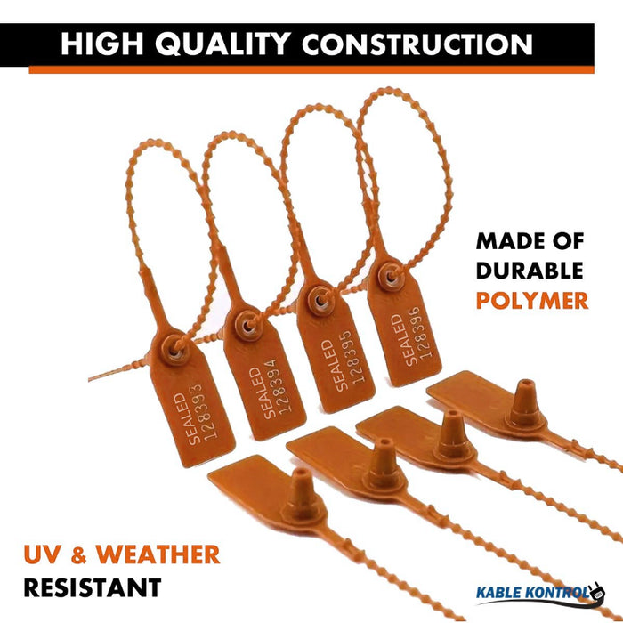 9 Inch - Pull Tight Serialized Tamper Evident Zip Tie Seals - 20 Lbs Strength - 50 Pcs - Orange