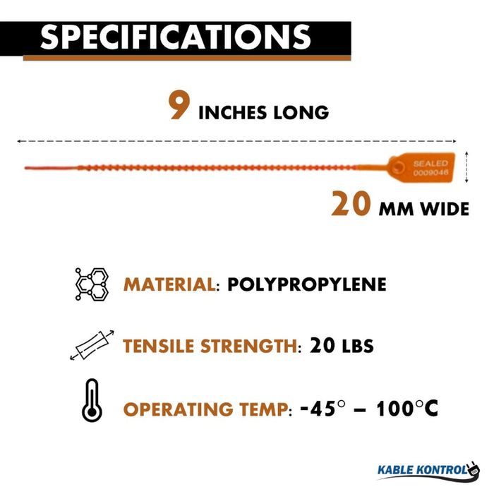 9 Inch - Pull Tight Serialized Tamper Evident Zip Tie Seals - 20 Lbs Strength - 50 Pcs - Orange