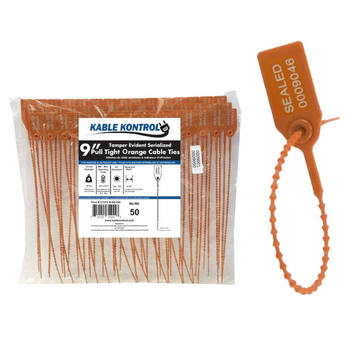 9 Inch - Pull Tight Serialized Tamper Evident Zip Tie Seals - 20 Lbs Strength - 50 Pcs - Orange