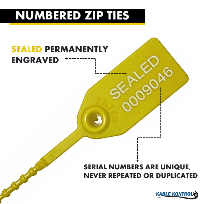 9 Inch - Pull Tight Serialized Tamper Evident Zip Tie Seals - 20 Lbs Strength - 50 Pcs - Yellow