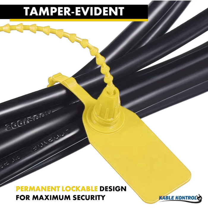 9 Inch - Pull Tight Serialized Tamper Evident Zip Tie Seals - 20 Lbs Strength - 50 Pcs - Yellow