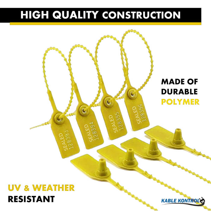 9 Inch - Pull Tight Serialized Tamper Evident Zip Tie Seals - 20 Lbs Strength - 50 Pcs - Yellow