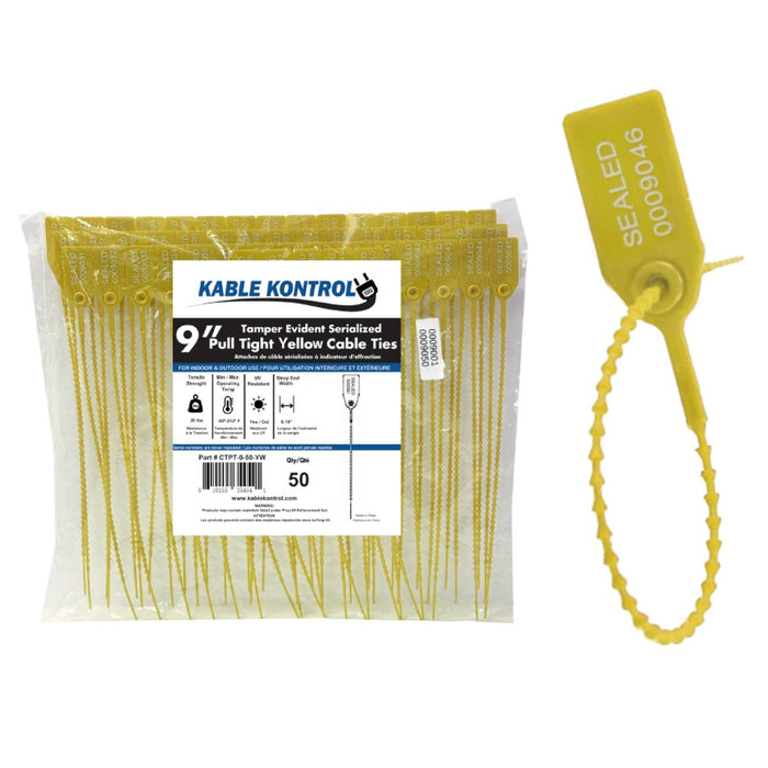 9 Inch - Pull Tight Serialized Tamper Evident Zip Tie Seals - 20 Lbs Strength - 50 Pcs - Yellow