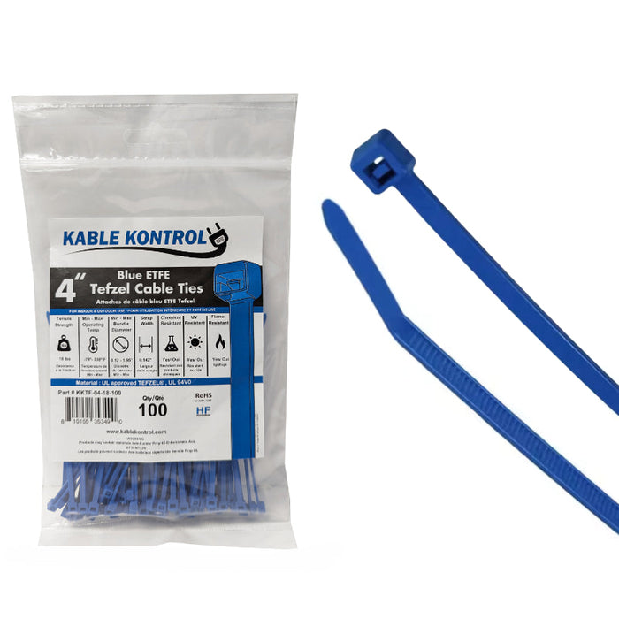 4 Inch - ETFE Tefzel Zip Ties - 18 Lbs Strength - 100 Pcs - Blue