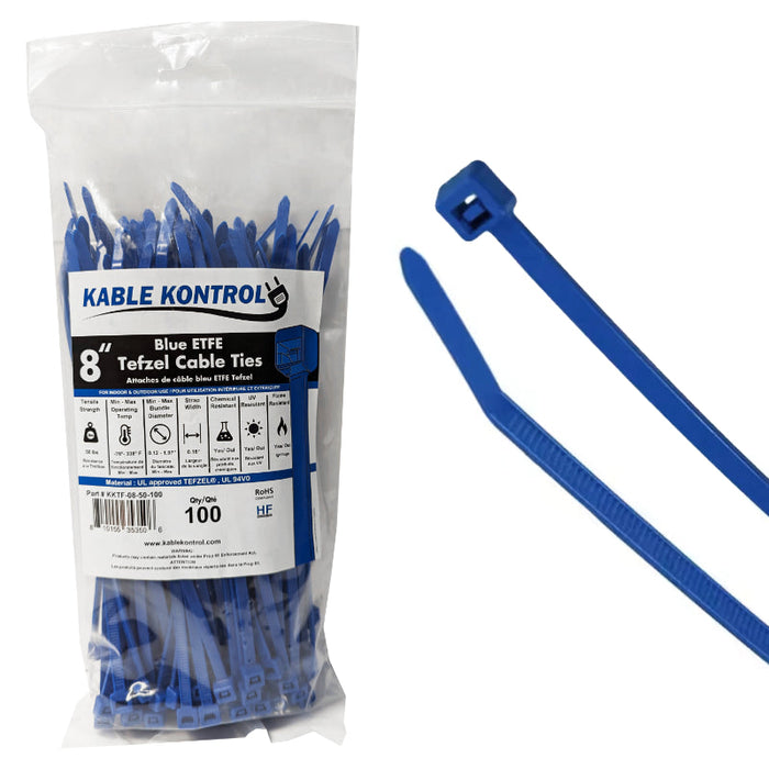 8 Inch - ETFE Tefzel Zip Ties - 50 Lbs Strength - 100 Pcs - Blue