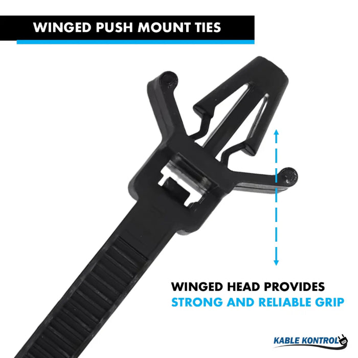 4 Inch - Wing Push Mount Zip Ties - 18 Lbs Strength - 100 Pcs - Black