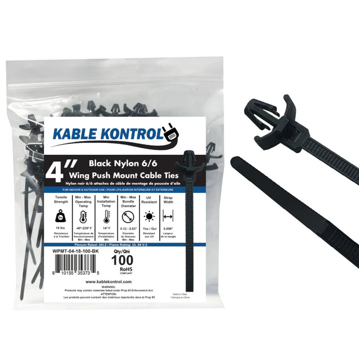 4 Inch - Wing Push Mount Zip Ties - 18 Lbs Strength - 100 Pcs - Black
