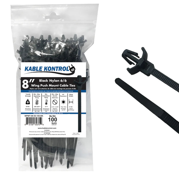 8 Inch - Wing Push Mount Zip Ties - 50 Lbs Strength - 100 Pcs - Black