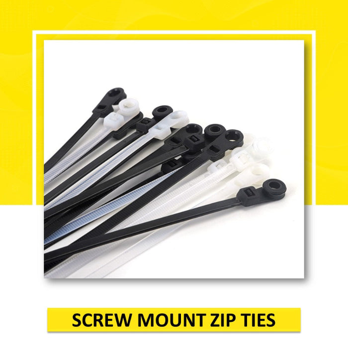 7" Inch Long - Screw Mount Zip Ties - Black - 50 Lbs Tensile Strength - 100 Pcs Pack