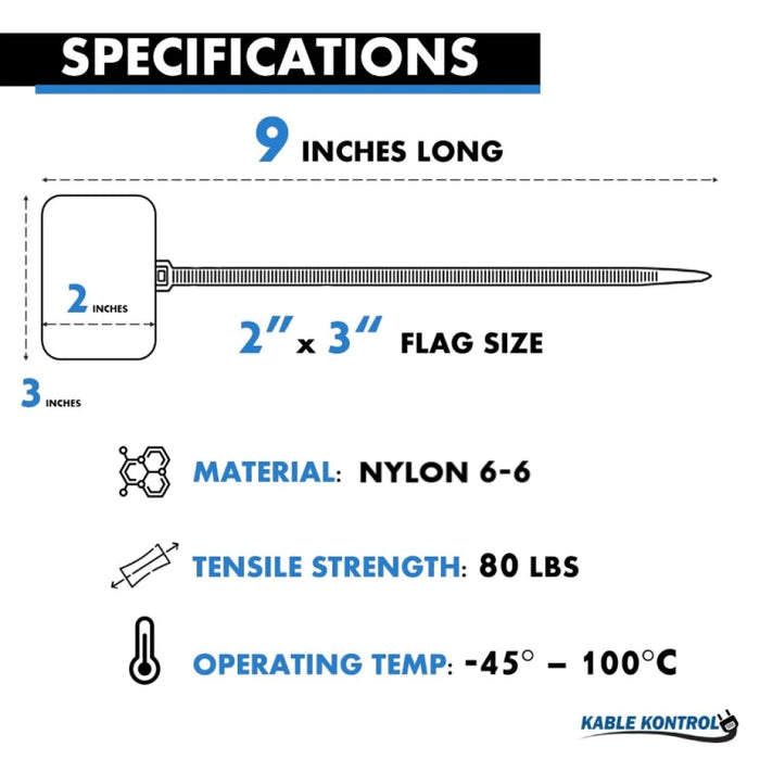 9 Inch - Write On Zip Tie Tags - (2 x 3 Inch) Flag Top - 80 Lbs Strength - 100 Pcs - Blue