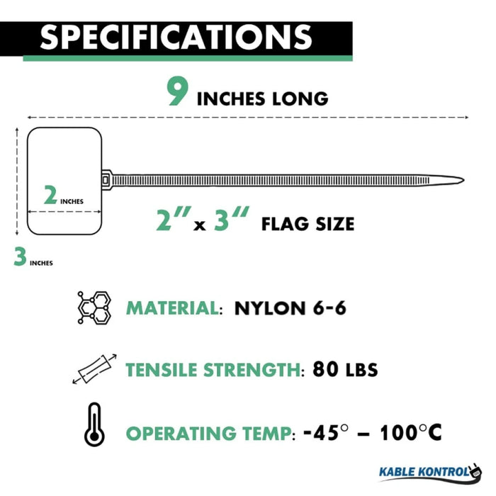 9 Inch - Write On Zip Tie Tags - (2 x 3 Inch) Flag Top - 80 Lbs Strength - 100 Pcs - Green