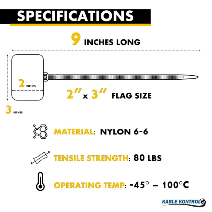 9 Inch - Write On Zip Tie Tags - (2 x 3 Inch) Flag Top - 80 Lbs Strength - 100 Pcs - Yellow