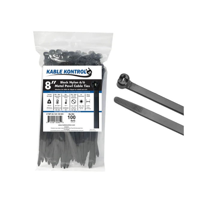 8 Inch - Metal Pawl Zip Ties - 120 Lbs Strength - 100 Pcs - Black