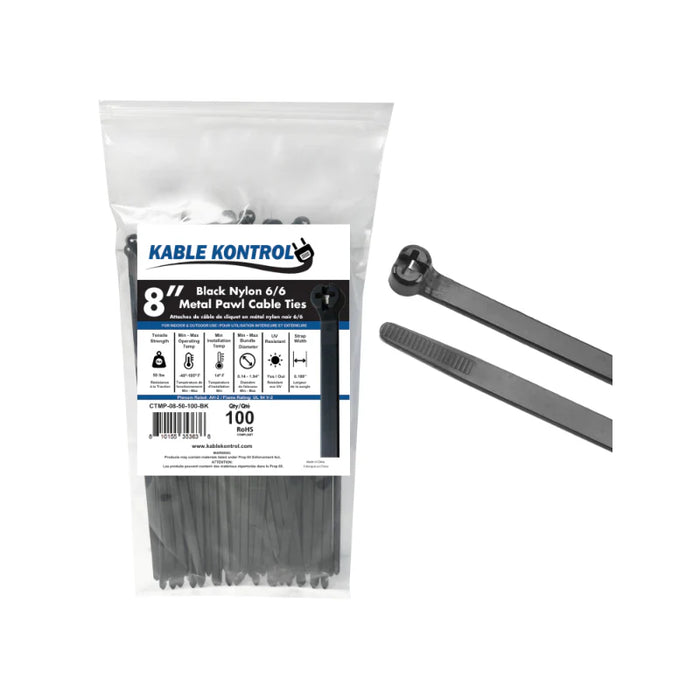 8 Inch - Metal Pawl Zip Ties - 50 Lbs Strength - 100 Pcs - Black