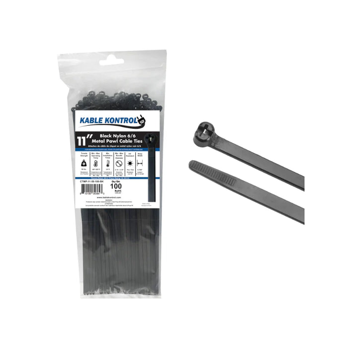 11 Inch - Metal Pawl Zip Ties - 50 Lbs Strength - 100 Pcs - Black