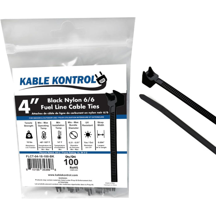 4 Inch - Fuel Line Zip Ties - 18 Lbs Strength - 100 Pcs - Black