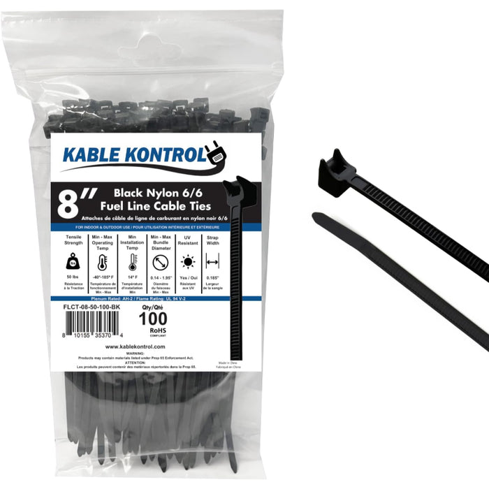 8 Inch - Fuel Line Zip Ties - 50 Lbs Strength - 100 Pcs - Black