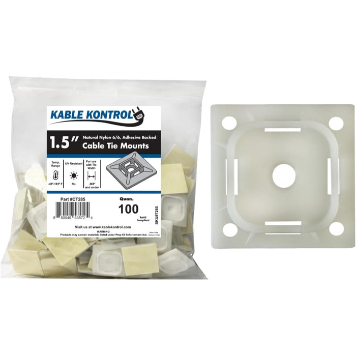 1-1/2 Inch Sq - Zip Tie Mount - Adhesive Back - Nylon - Natural Clear - 100 Pcs