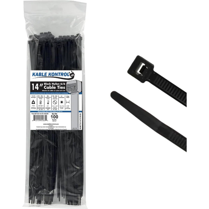 14 Inch - Zip Ties - UV Resistant Nylon - Black - 75 Lbs Strength - 100 Pcs