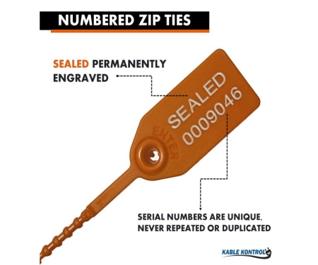 12 Inch - Pull Tight Serialized Tamper Evident Zip Tie Seals - 50 Lbs Strength - 50 Pcs - Orange