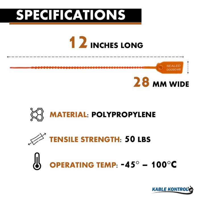 12 Inch - Pull Tight Serialized Tamper Evident Zip Tie Seals - 50 Lbs Strength - 50 Pcs - Orange