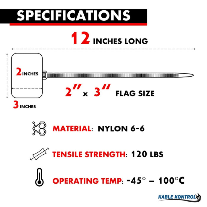 12 Inch - Write On Zip Tie Tags - (2 x 3 Inch) Flag Top - 120 Lbs Strength - 100 Pcs - Red