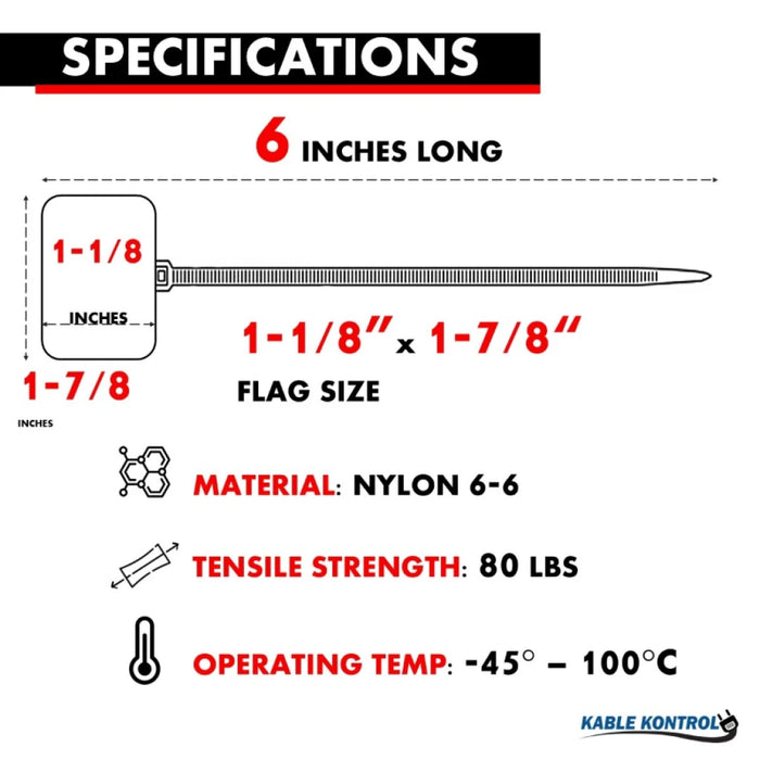 6 Inch - Write On Zip Tie Tags - (1-7/8 x 1-1/8 Inch) Flag Top - 80 Lbs Strength - 100 Pcs - Red