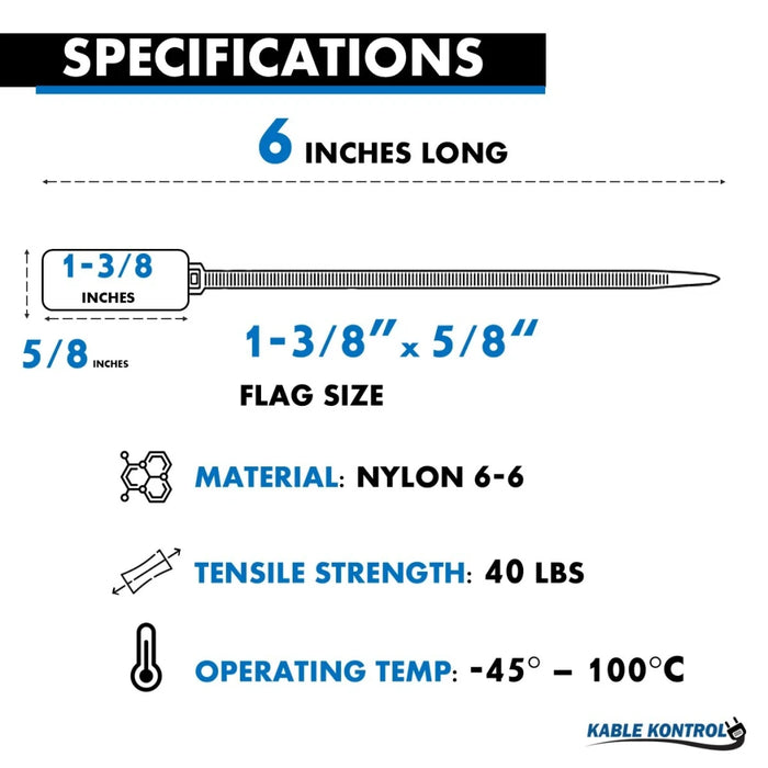 6 Inch - Write On Zip Tie Tags - (1-3/8 x 5/8 Inch) Flag Top - 40 Lbs Strength - 100 Pcs - Blue