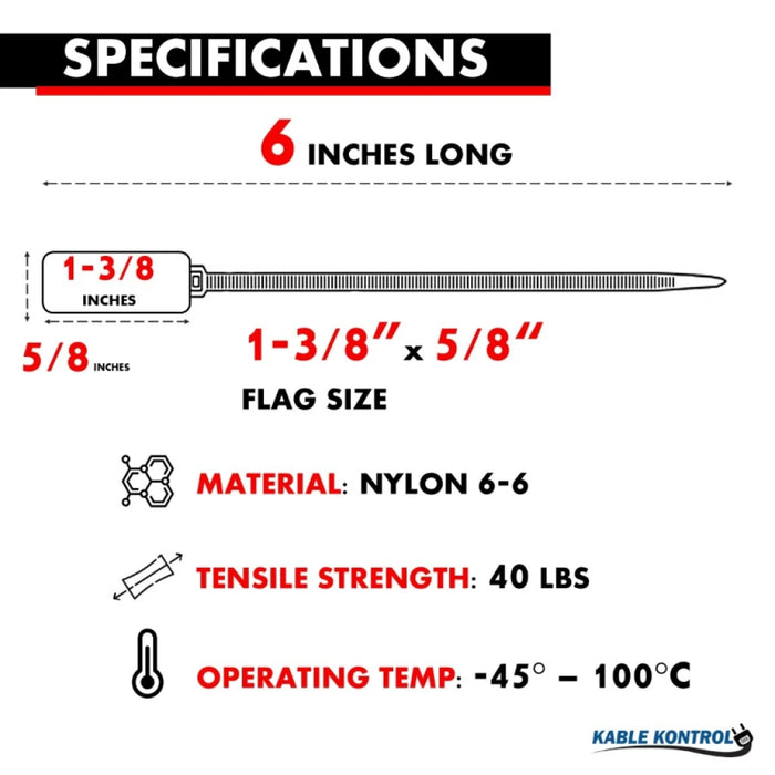 6 Inch - Write On Zip Tie Tags - (1-3/8 x 5/8 Inch)) Flag Top - 40 Lbs Strength - 100 Pcs - Red