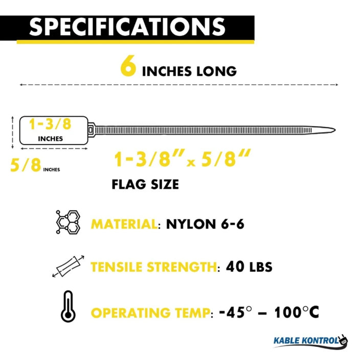 6 Inch - Write On Zip Tie Tags - (1-3/8 x 5/8 Inch) Flag Top - 40  Lbs Strength - 100 Pcs - Yellow