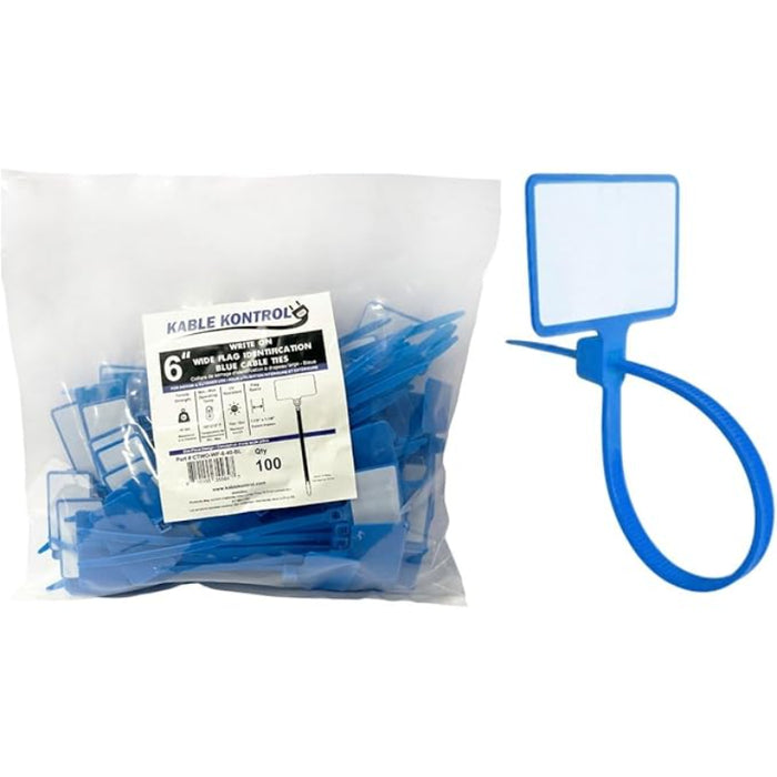 6 Inch - Write On Zip Tie Tags - (1-7/8 x 1-1/8 Inch) Flag Top - 40 Lbs Strength - 100 Pcs - Blue