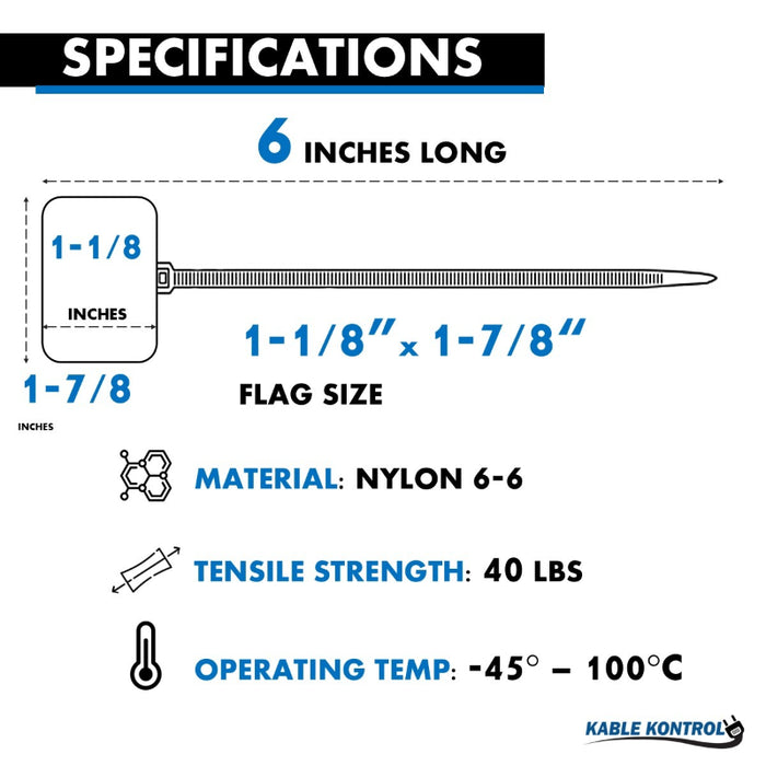 6 Inch - Write On Zip Tie Tags - (1-7/8 x 1-1/8 Inch) Flag Top - 40 Lbs Strength - 100 Pcs - Blue