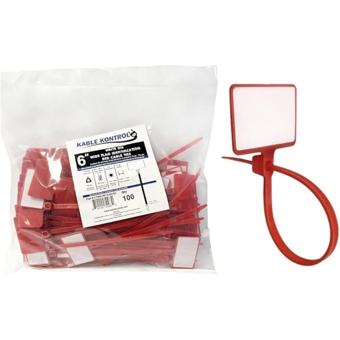 6 Inch - Write On Zip Tie Tags - (1-7/8 x 1-1/8 Inch) Flag Top - 40 Lbs Strength - 100 Pcs - Red