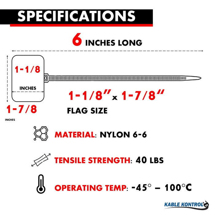 6 Inch - Write On Zip Tie Tags - (1-7/8 x 1-1/8 Inch) Flag Top - 40 Lbs Strength - 100 Pcs - Red