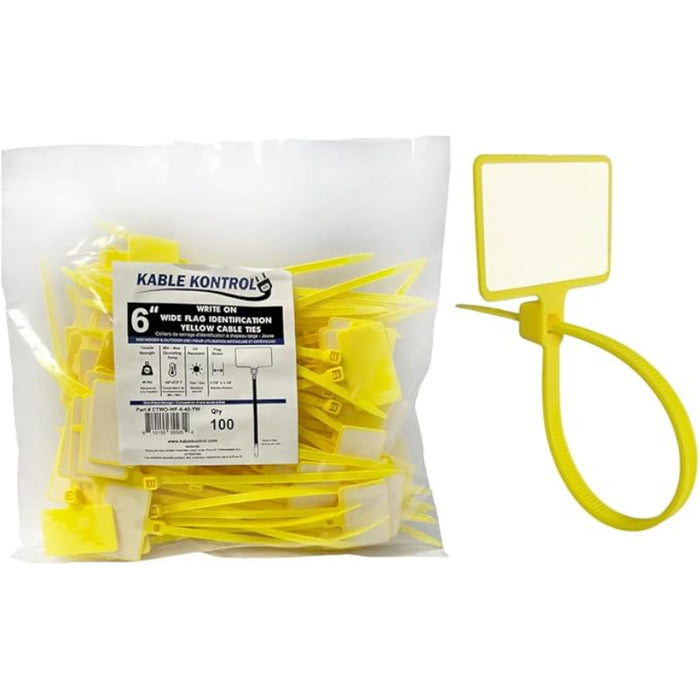 6 Inch - Write On Zip Tie Tags - (1-7/8 x 1-1/8 Inch) Flag Top - 40 Lbs Strength - 100 Pcs - Yellow