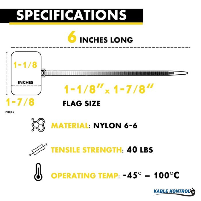 6 Inch - Write On Zip Tie Tags - (1-7/8 x 1-1/8 Inch) Flag Top - 40 Lbs Strength - 100 Pcs - Yellow