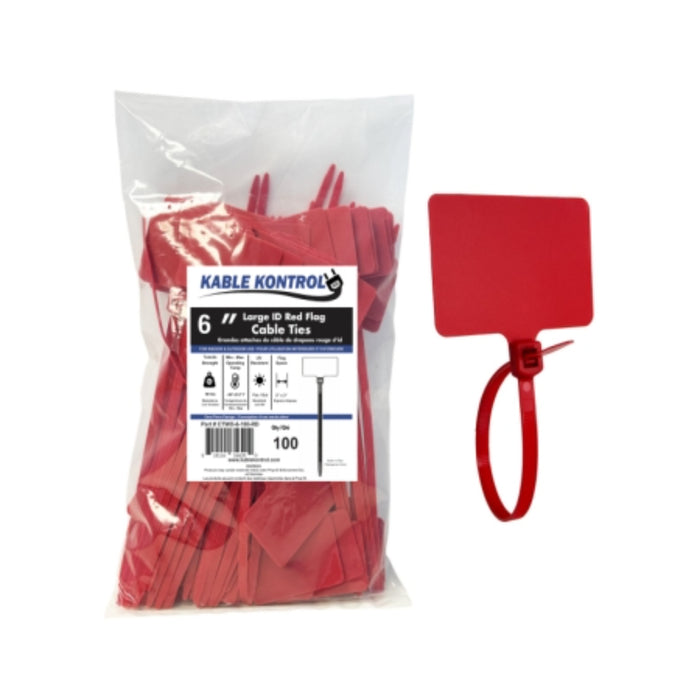 6 Inch - Write On Zip Tie Tags - (1-7/8 x 1-1/8 Inch) Flag Top - 80 Lbs Strength - 100 Pcs - Red