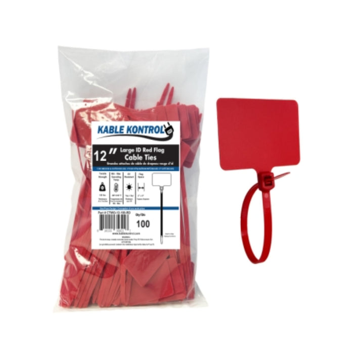 12 Inch - Write On Zip Tie Tags - (2 x 3 Inch) Flag Top - 120 Lbs Strength - 100 Pcs - Red