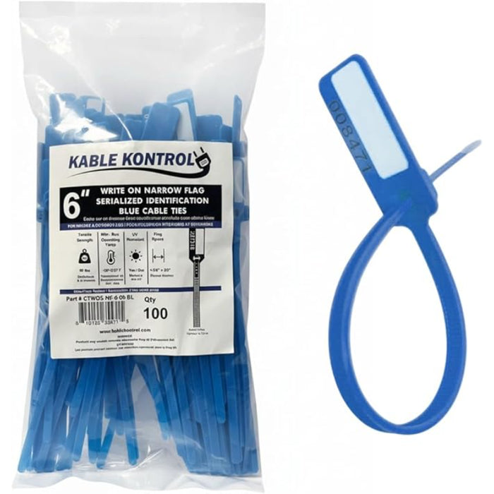 6 Inch - Serial Numbered Write On Flag Zip Tie Tags - Blue - 100 Pcs