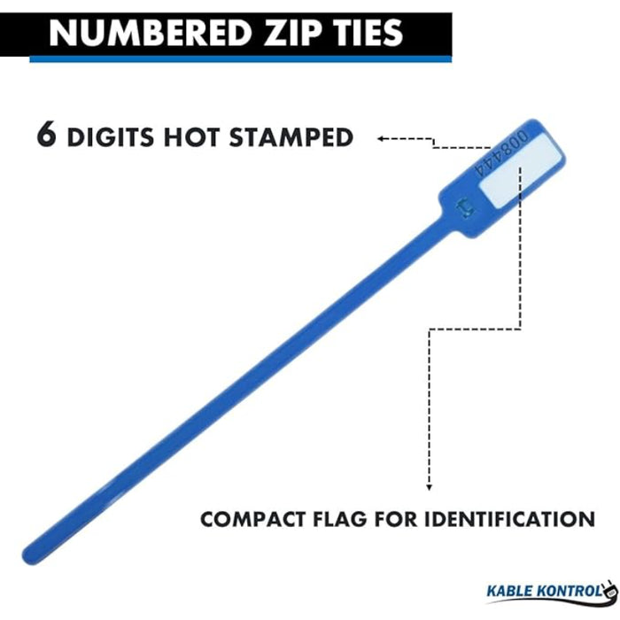 6 Inch - Serial Numbered Write On Flag Zip Tie Tags - Blue - 100 Pcs