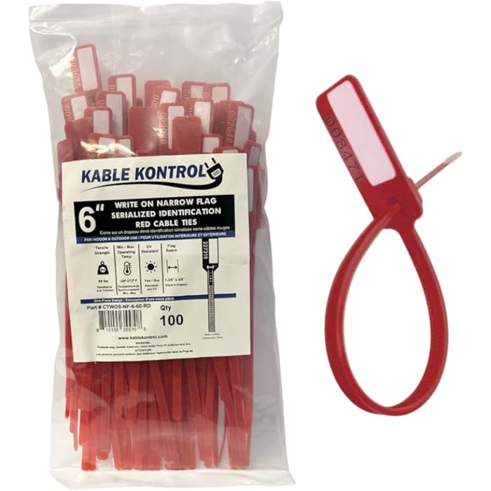 6 Inch - Serial Numbered Write On Flag Zip Tie Tags - Red - 100 Pcs